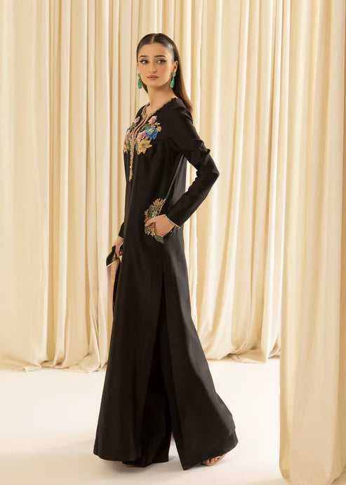 Floral Embroidered Velvet Kurti - pure sheesha silk - Black with Multicolored Floral Embroidery