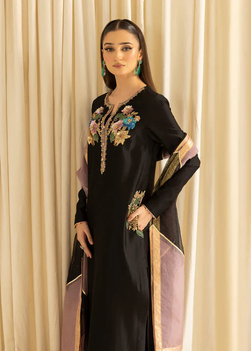 Floral Embroidered Velvet Kurti - pure sheesha silk - Black with Multicolored Floral Embroidery