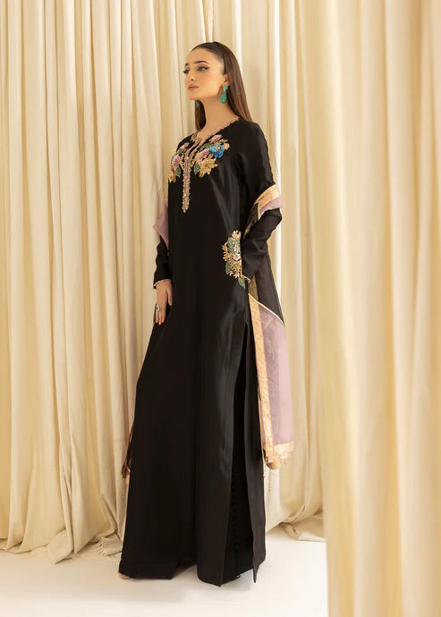 Floral Embroidered Velvet Kurti - pure sheesha silk - Black with Multicolored Floral Embroidery