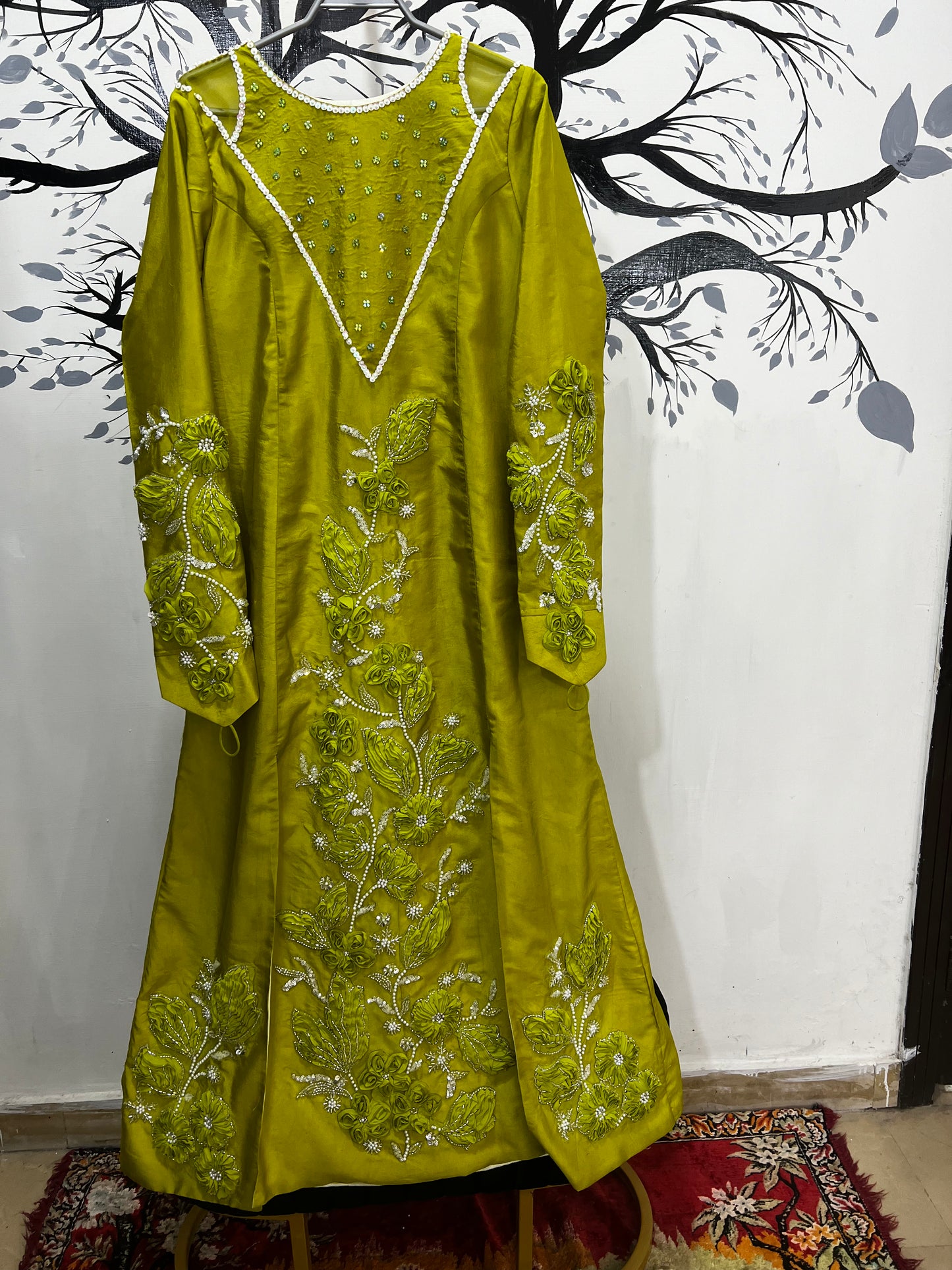 Lime Green Hand-Embroidered Long Dress