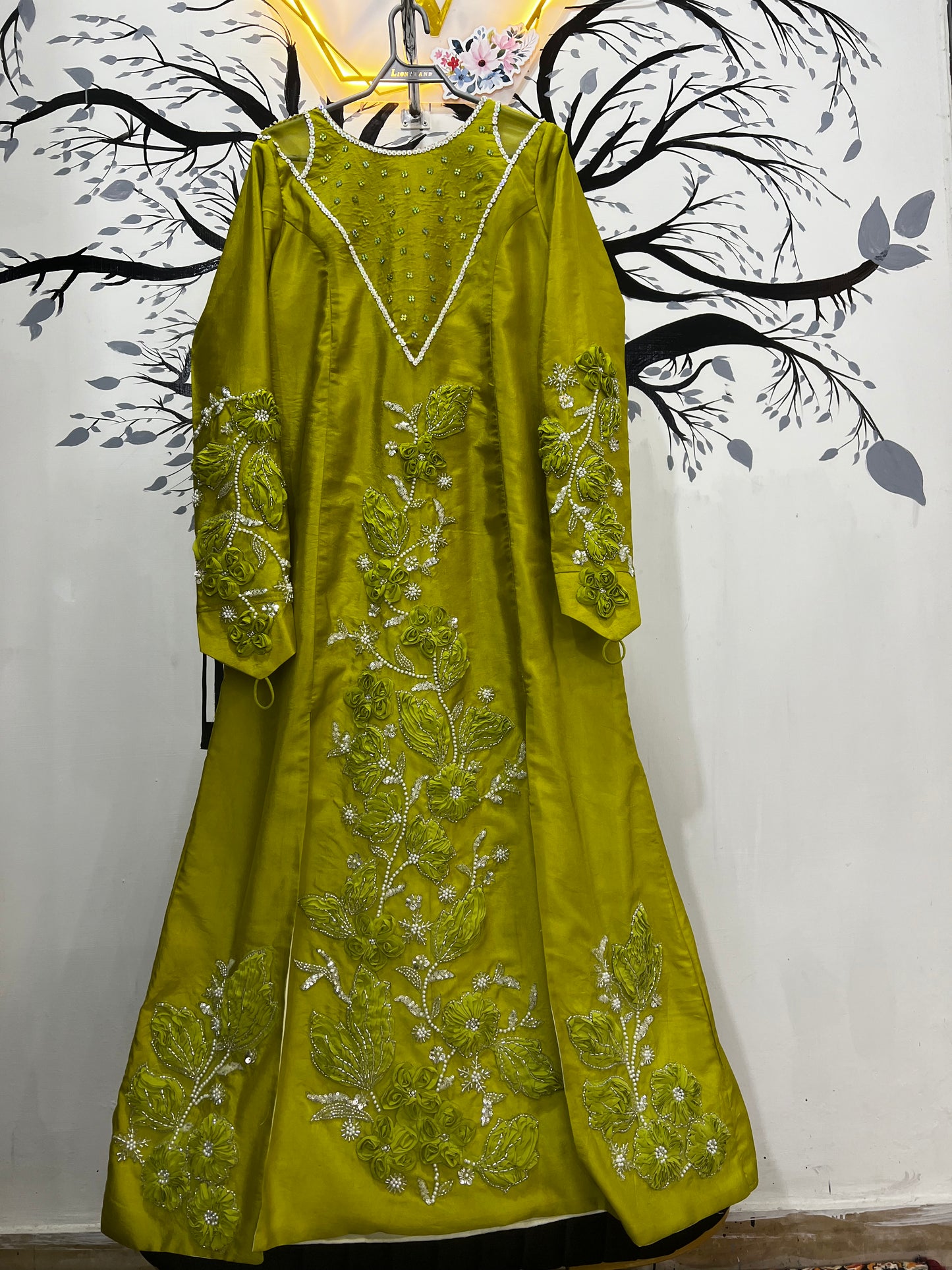 Lime Green Hand-Embroidered Long Dress