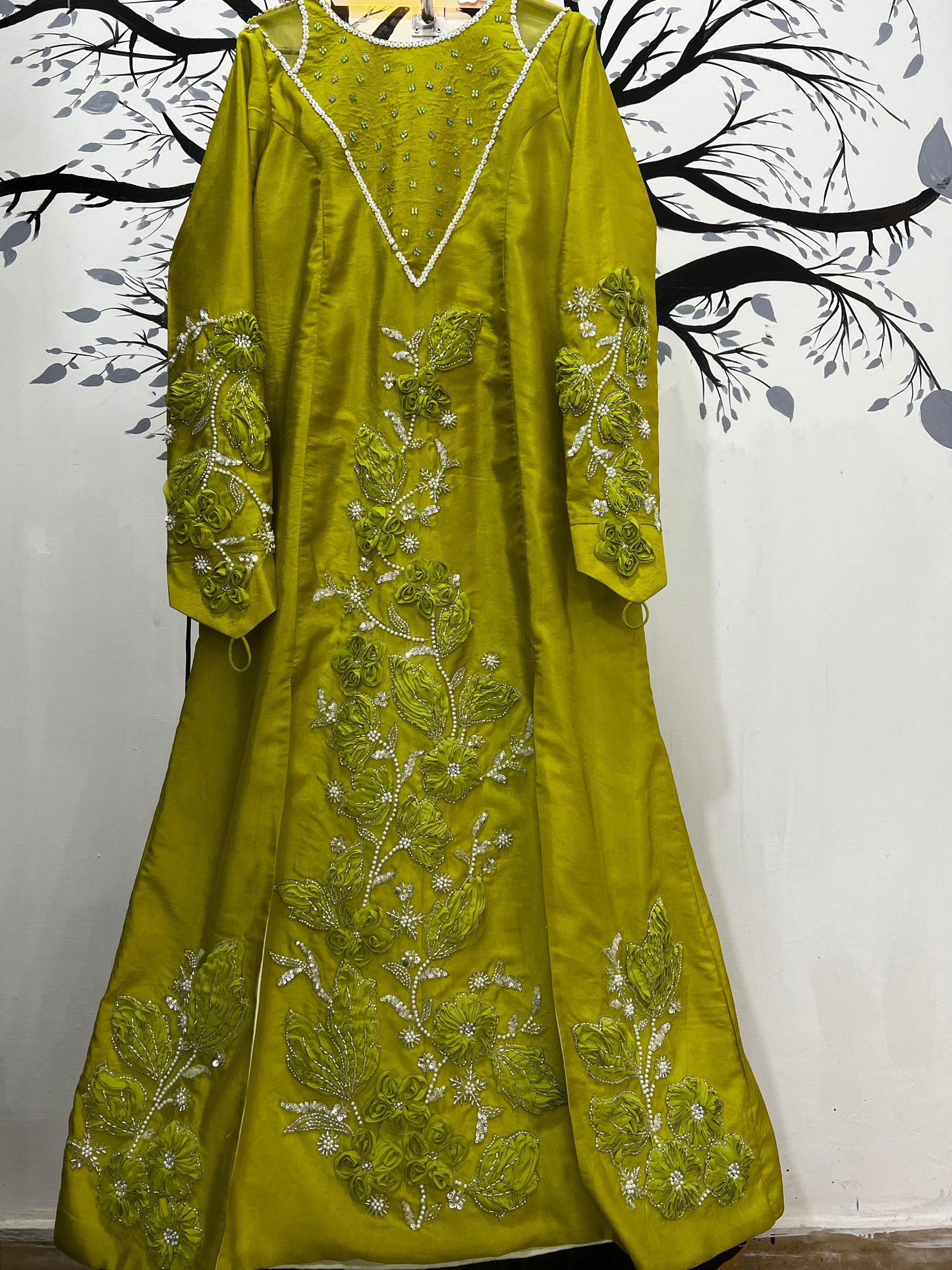 Lime Green Hand-Embroidered Long Dress
