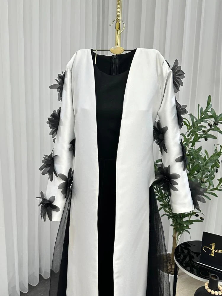 Noir Bloom Abaya Coat - korean raw silk - Ivory White with Black Accents