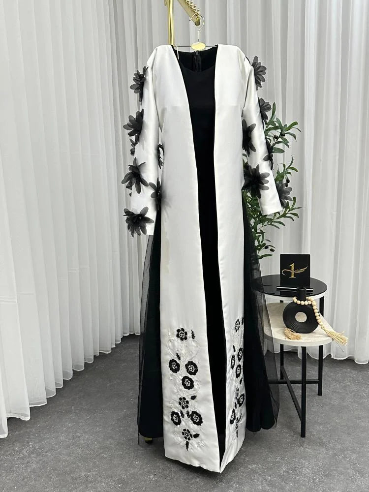 Noir Bloom Abaya Coat - korean raw silk - Ivory White with Black Accents