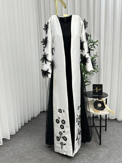 Noir Bloom Abaya Coat - korean raw silk - Ivory White with Black Accents