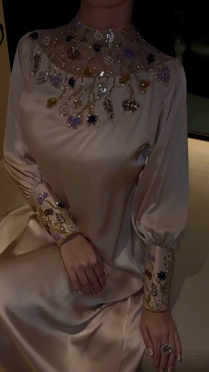 Celestial Grace Kaftan - pure shamoz silk - Champagne Gold
