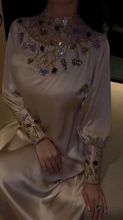 Celestial Grace Kaftan - pure shamoz silk - Champagne Gold