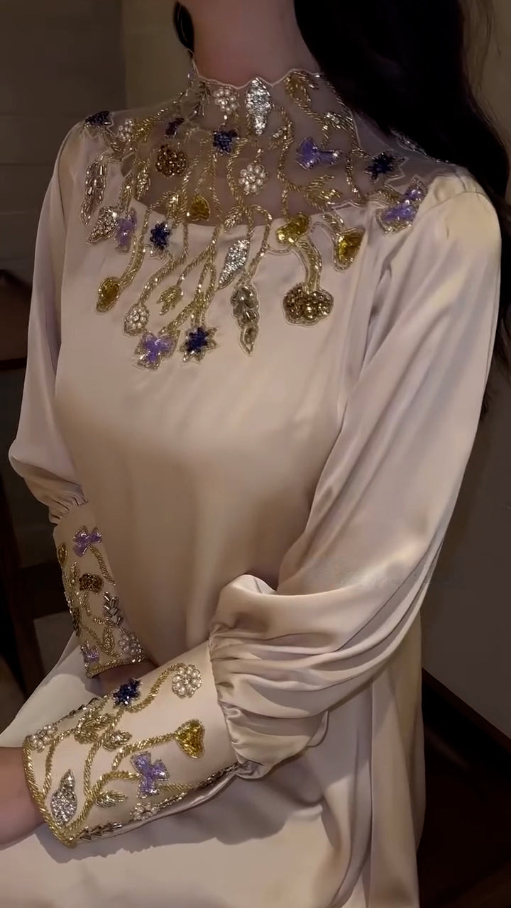 Celestial Grace Kaftan - pure shamoz silk - Champagne Gold
