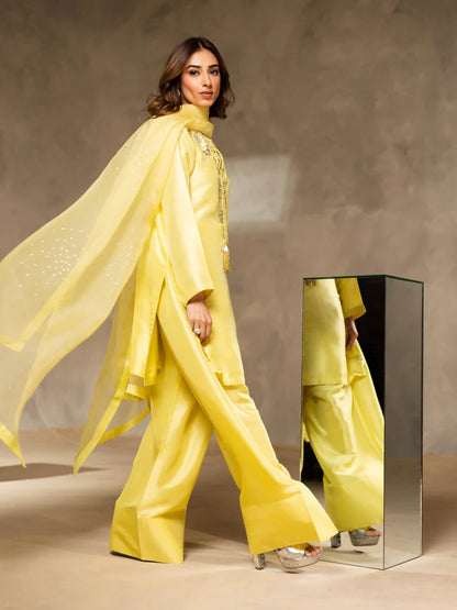 Yellow Embroidered Satin Dress