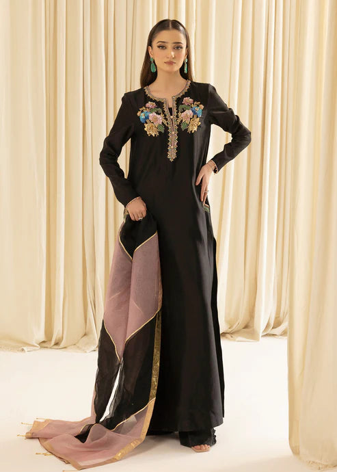 Floral Embroidered Velvet Kurti - pure sheesha silk - Black with Multicolored Floral Embroidery