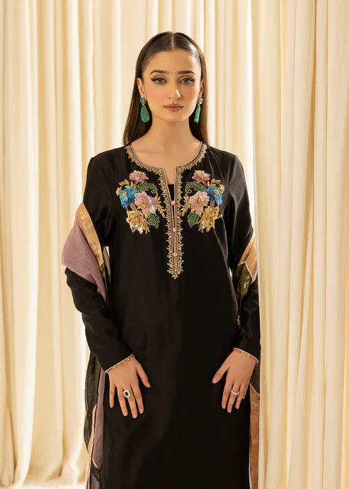 Floral Embroidered Velvet Kurti - pure sheesha silk - Black with Multicolored Floral Embroidery