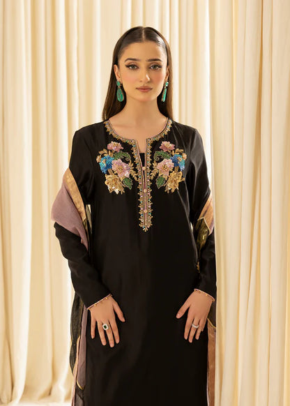 Floral Embroidered Velvet Kurti - pure sheesha silk - Black with Multicolored Floral Embroidery