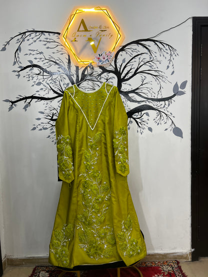Lime Green Hand-Embroidered Long Dress