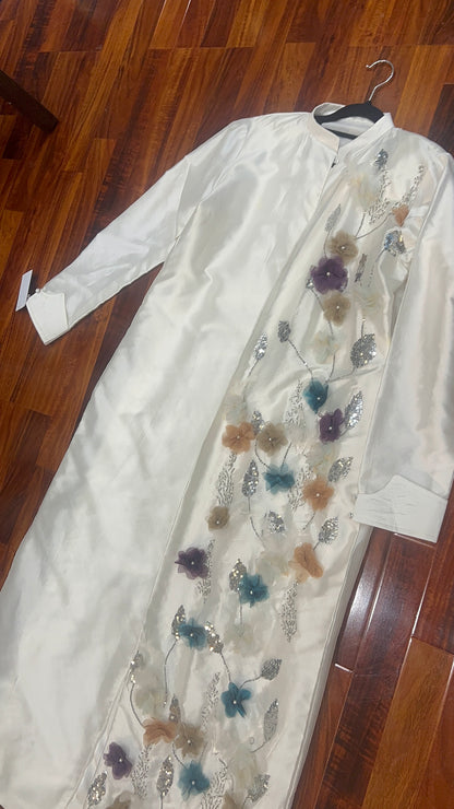 Floral Reverie Coat - pure sheesha silk - Soft Pearl White