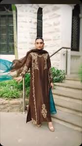 Straight-Cut Salwar Kameez - pure rawsilk - Deep Brown