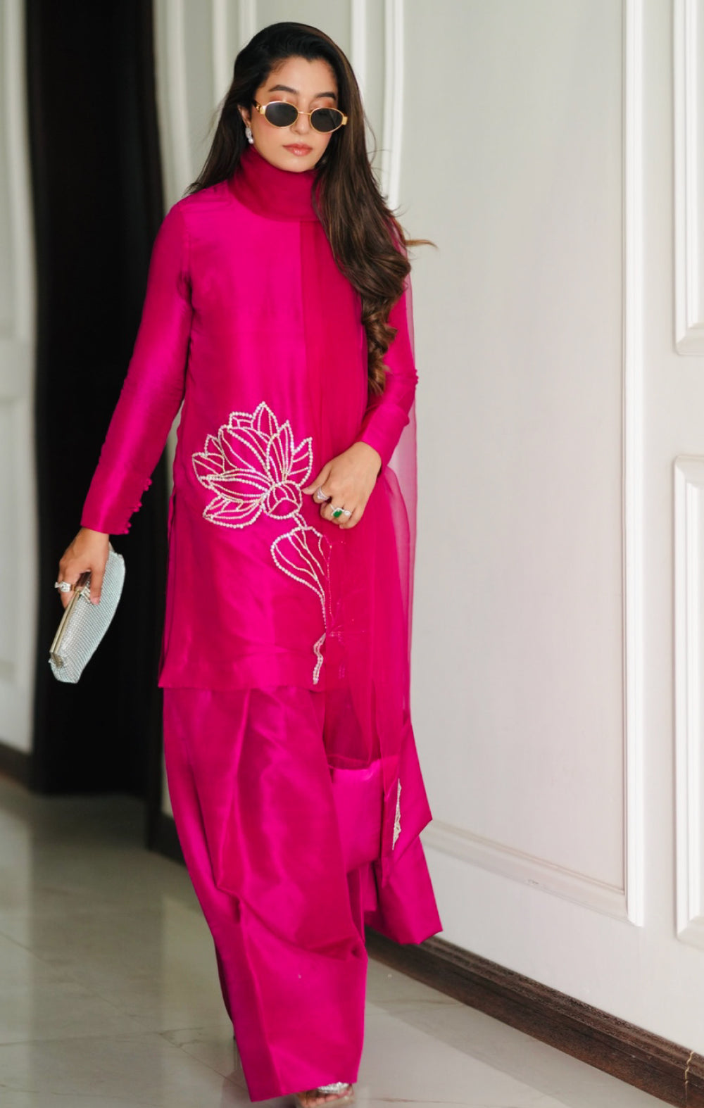 Elegant Pink - tussle silk suit with pure organza