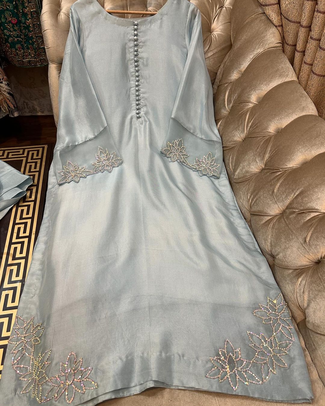 Blue-gray with accents of silver and beige